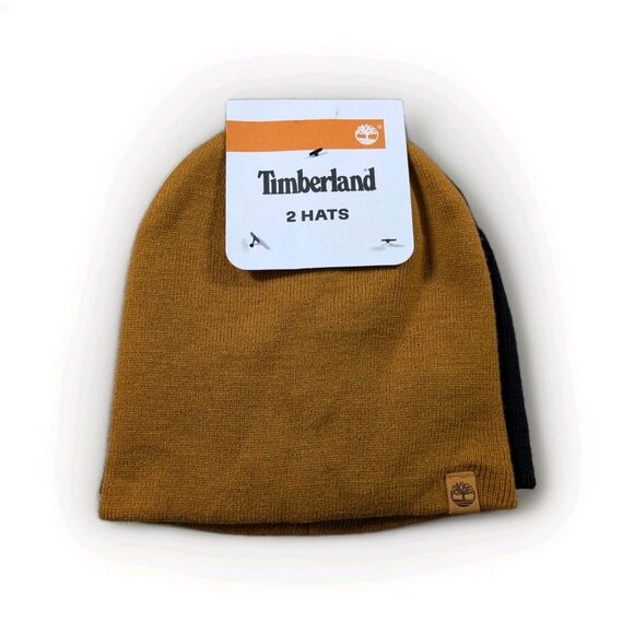 2 Timberland Men’s Beanie Hats Brown Black Knit Toboggan - Picture 1 of 7
